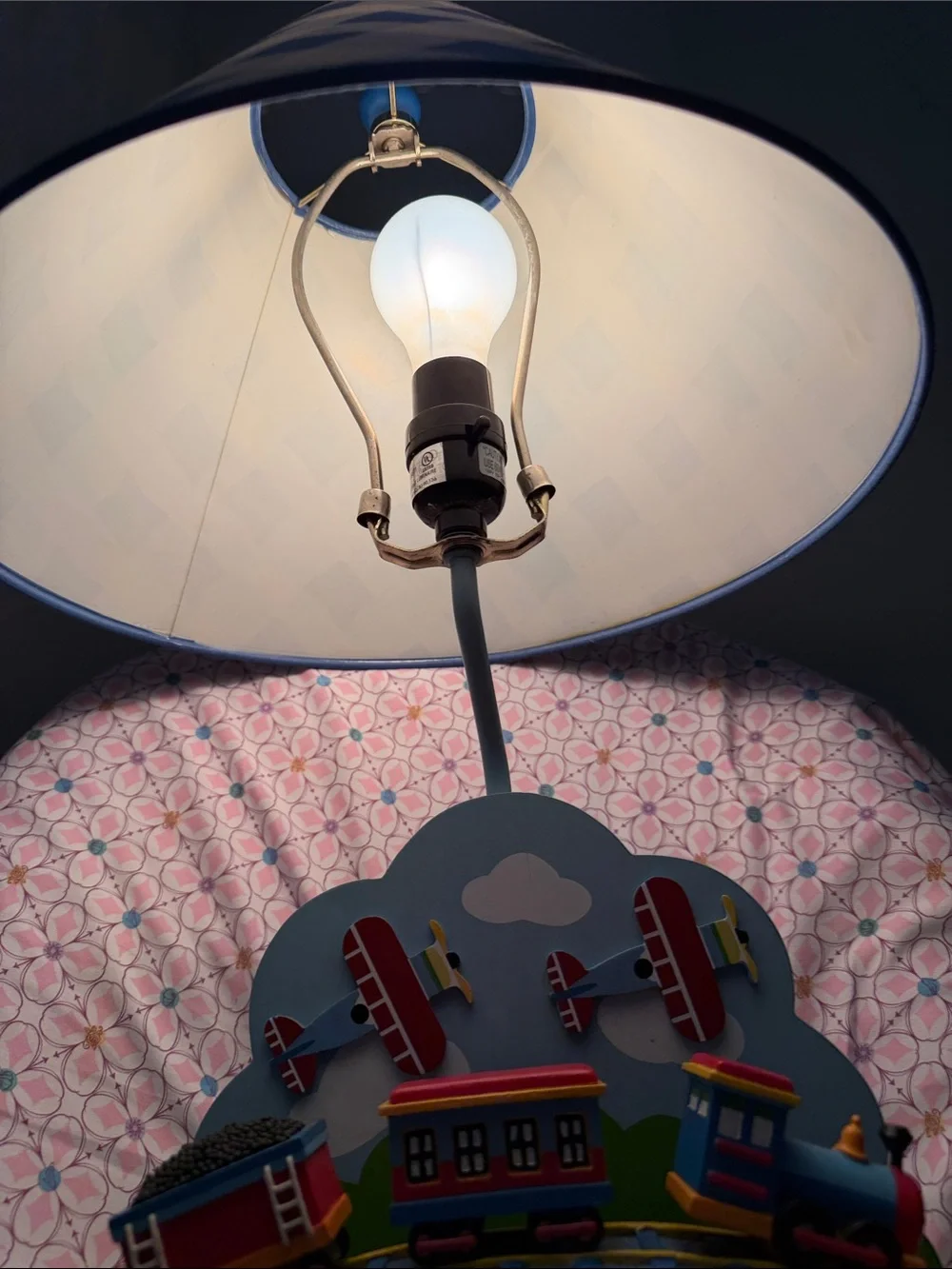 Vintage Blue and White Checkered Kids Train Table Lamp